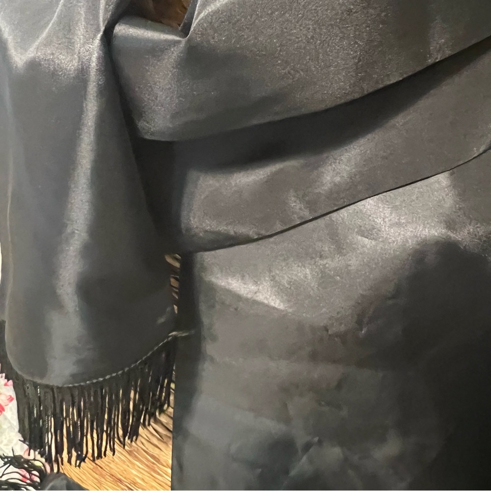 Elegant Black Satin Crepe Opera Scarf with Fringe